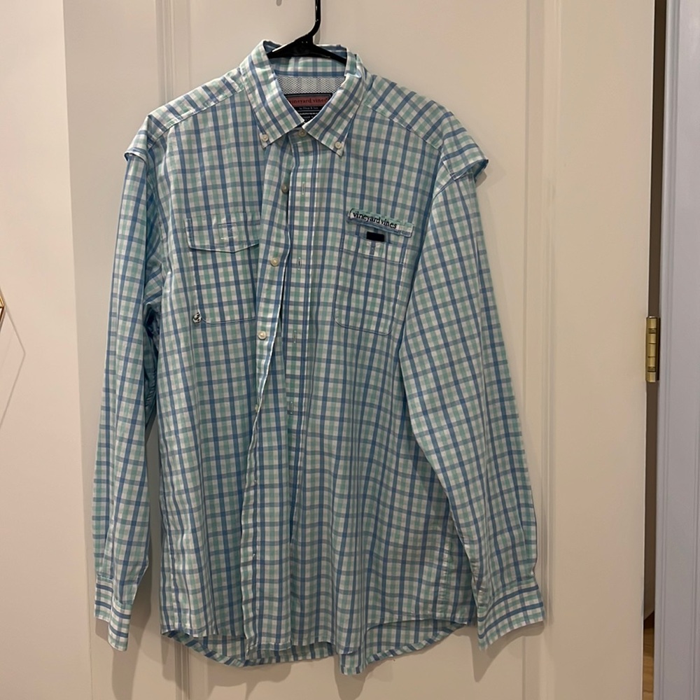 Vineyard Vines, Harbor Shirt, size large, blue and green check